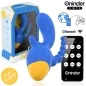 Preview: Blue and yellow Bluetooth vibrator toy with packaging and smartphone app for controlling different modes.