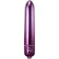 Preview: Lila, metallisch glänzender Vibrator mit abgerundeter Spitze und dekorativem Logo am unteren Ende.