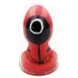 Preview: Red figure with a black face in a transparent dome, inspired by a TV series.