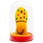 Preview: Yellow marzipan pastry in the shape of a mushroom with colorful dots, under a transparent dome on a red base.