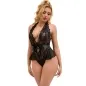 Preview: Woman in black lace bodysuit with deep neckline and bow, looking down.
