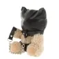Preview: Plush bear with black leather hood and chain, sitting with its back to the camera.