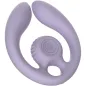 Preview: Purple, curved silicone sex toy with two arms and a spiral detail in the middle.