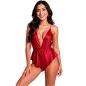 Preview: Woman in a red, low-cut satin bodysuit with spaghetti straps, smiling.