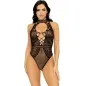 Preview: Woman in black lace bodysuit with lacing and mesh details against a white background.