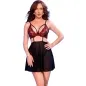 Preview: Woman in black and red lingerie dress with floral pattern, posing in front of a white background.