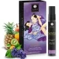 Preview: Shunga Waves of Pleasure Spray mit exotischen Früchten, Verpackung mit Kunstmotiv, Flasche daneben, Früchte im Vordergrund.