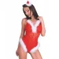 Preview: Frau in rotem Spitzenbody mit weißem Kunstfell, trägt Weihnachtsmütze.