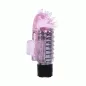 Preview: Pink, ribbed silicone attachment with nubs, on a black base, side view.
