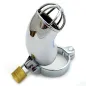 Preview: Metallic chastity cage with lock, shiny and silver, on a white background.