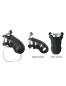 Preview: Black plastic device in three views: side, top and side, with metal parts and holes.
