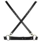 Preview: Black leather harness with gold rings and buckles arranged in an X-shape.