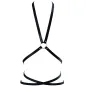 Preview: Black leather harness with gold rings, designed in a cross shape.