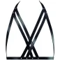 Preview: Black leather harness with crossed straps and rivets, against a white background.