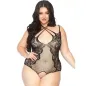 Preview: Frau in schwarzem Spitzen-Body mit Netzdesign, lächelt in die Kamera.