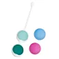 Preview: Four colorful balls, two in a white holder with a handle, a blue and a pink ball next to them.