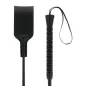 Preview: Black riding crop with grooved handle and wrist strap, next to a wide leather whip.