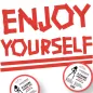 Preview: Red text "ENJOY YOURSELF" made of adhesive tape, with two rolls of bondage tape underneath.