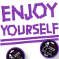 Preview: Purple lettering "ENJOY YOURSELF" made of adhesive tape, underneath two rolls of bondage tape.