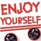 Preview: Roter Text "ENJOY YOURSELF" aus Klebeband, mit zwei Rollen Bondage Tape darunter.