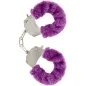 Preview: Purple plush handcuffs with metal chain, open and on a white background.