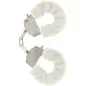 Preview: Silver handcuffs with a white plush covering, connected by a short chain.