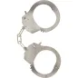 Preview: Silver handcuffs with chain, open and on a white background.
