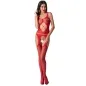 Preview: Frau in rotem, durchbrochenem Bodystocking mit geometrischen Mustern, posiert vor weißem Hintergrund.