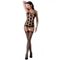 Preview: Woman in black mesh bodysuit with geometric pattern, posing with one hand in her hair, on a white background.