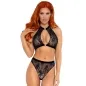 Preview: A woman with red hair is wearing black lace underwear, consisting of a bra and panties, against a white background.