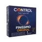 Preview: Packaging of Control Finissimo Original condoms, 3 pieces, 0.05 mm thin, dark blue design with a luminous circle.