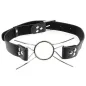 Preview: Black leather collar with metal ring and bars, adjustable with buckle and rivets.