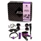 Preview: Schwarze Box mit lila Bondage-Set: Augenmaske, Handschellen, Seil, Peitsche, Knebel und Klammern.