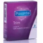 Preview: Lila Verpackung von Pasante Trim Kondomen, 3 Stück, mit der Aufschrift "closer fit, tailor made for comfort".