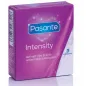Preview: Purple packaging of Pasante Intensity condoms containing 3 pieces, ribbed and dotted texture for an intense experience.