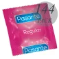 Preview: Rosa Kondomverpackung mit der Aufschrift "Pasante Regular", daneben ein Kreis mit "144 PACK".