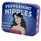 Preview: Blue metal tin with the inscription "Peppermint Nipples" and a drawing of a woman in a red dress.