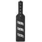 Preview: Black leather paddle with silver rivets and metal decorations, rectangular shape, handle with hanging loop.