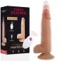 Preview: Packaging and product of a remote-controlled, skin-colored vibrator with USB charging function and movement frequencies.
