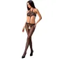 Preview: Woman in a black mesh bodysuit with high heels, against a white background.