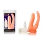 Preview: Zweifacher Vibrator mit Fernbedienung und Verpackung, orangefarben, auf weißem Hintergrund.
