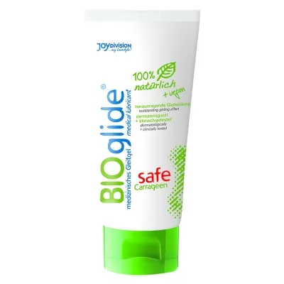 Tube of BIOglide lubricant, 100% natural and vegan, with a green cap and the inscription "safe Carrageen".