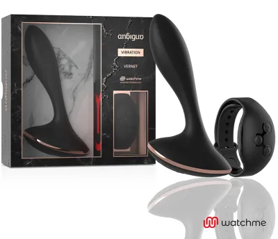 Black vibrator with remote control and packaging, brand "watchme", on a white background.