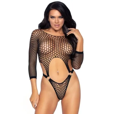 Person in a black mesh bodysuit with long sleeves and cut-outs, posing in front of a white background.