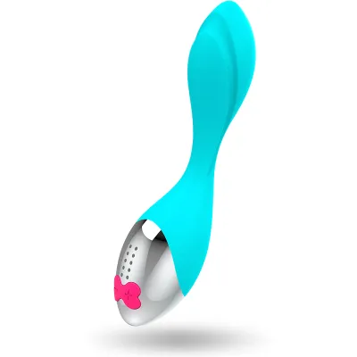 Blauer Vibrator mit metallischem Ende und rosa Knopf in Form einer Schleife.