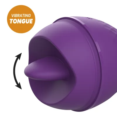 Purple vibrator with vibrating tongue and arrows indicating the direction of movement.
