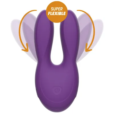 Purple, flexible vibrator with two arms and a power button, surrounded by arrows and "Super Flexible" text.