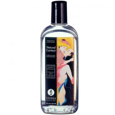 Bottle of "Natural Contact" lubricant from Shunga with an artistic Japanese-style label.
