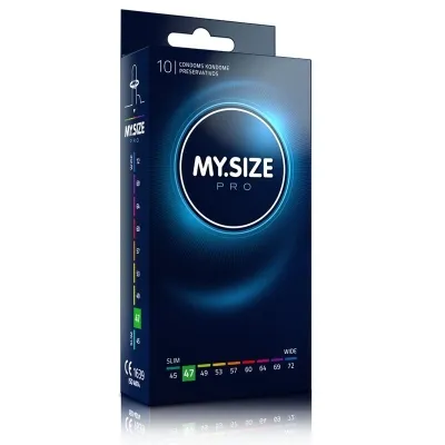Packaging of MY.SIZE Pro condoms, dark blue with size markings from 45 to 72 mm, 10 pieces.