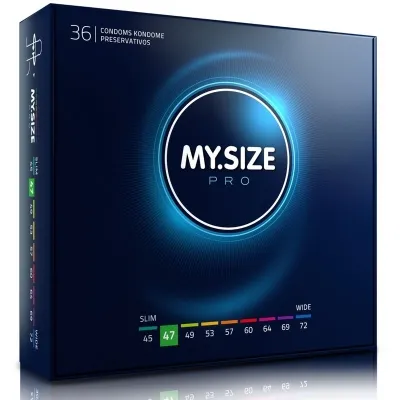 Dark blue packaging of MY.SIZE Pro condoms, 36 pieces, with size specifications from 45 to 72 mm.